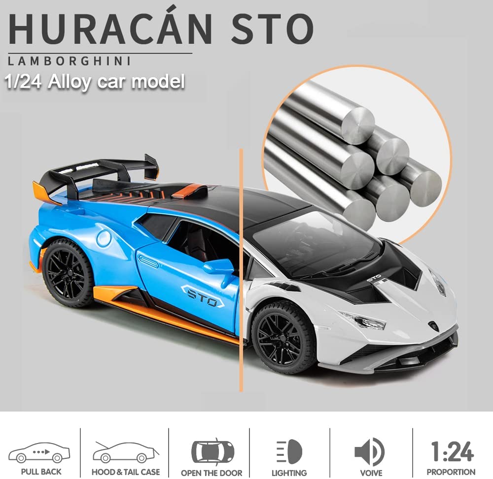 1:24-масштабная литая под давлением модель автомобиля из сплава для Lambo Huracan STO 2021, модель автомобиля с откатным механизмом, игрушечные автомобили со светом и звуком для коллекции для детей и взрослых
