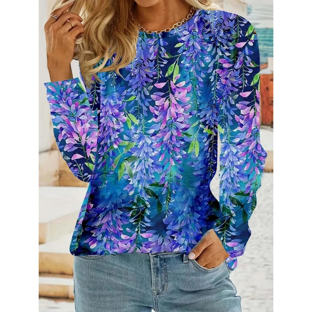 Women's T-Shirt Floral Graphic Plants Retro Long Sleeve O-Neck Pullover Regular Tops Daily 3D Print Autumn Tees Female Clothing