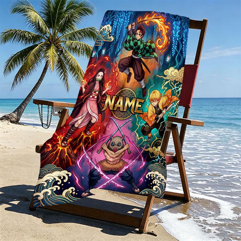Custom Name Personalized Demon Slayer Print Beach Towel, for Trip Camping Beach Party Home Decor, Birthday Gift for Family & Friends