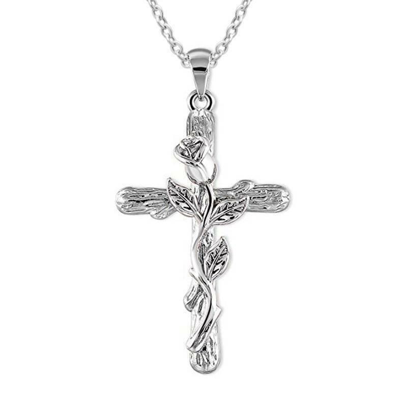 Rose Flower Cross Pendant Chain Necklace Jewelry Gift for Women Jewelry Gift
