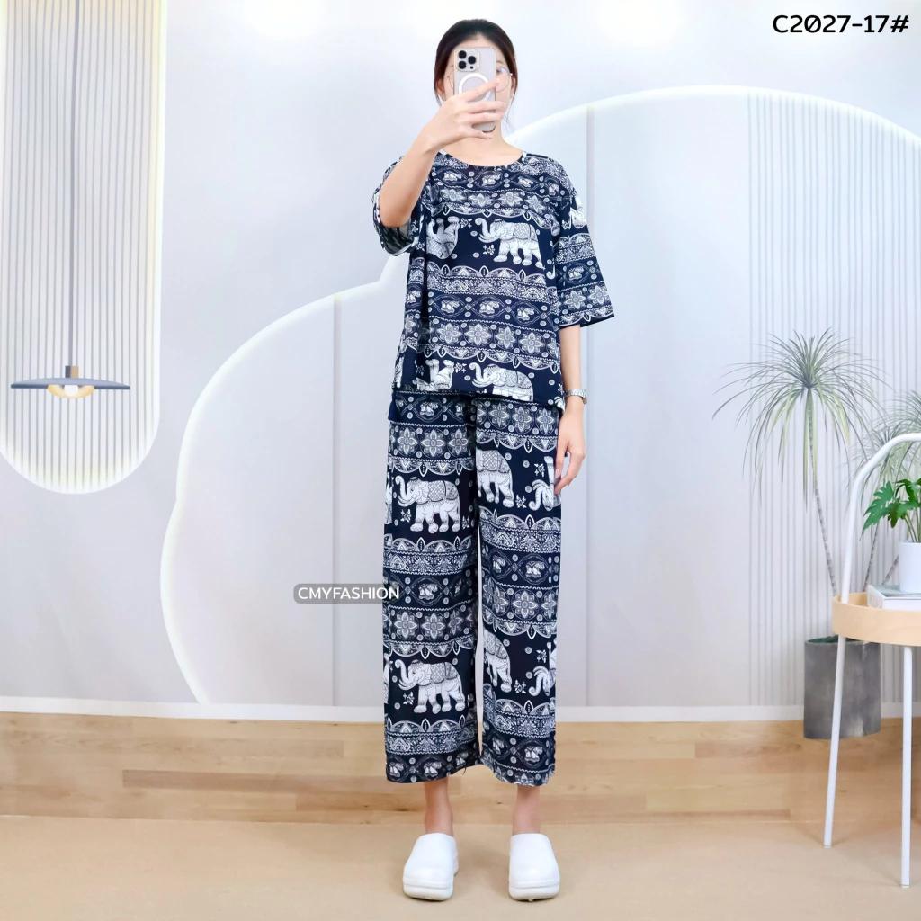 Слон Штаны Шорты Рубашка Комплект Круглый Вырез Укороченный Короткий Рукав Регулируемый Эластичный Пояс Завязка Женский Принт Повседневный Пляжный Бохо Богемный Ретро Винтаж