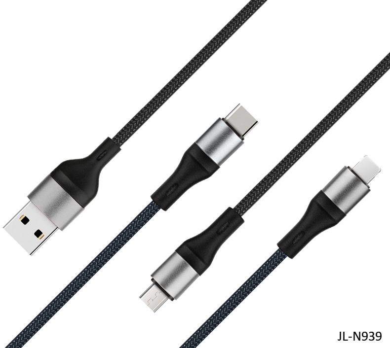 Nylon Braided 3 in 1 Charging Cable 3A Fast Charging USB C Micro Cable for Mobile Phone