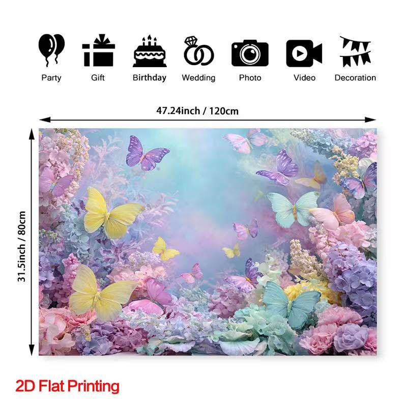 2D Backdrop with Multicolor Butterflies, Hydrangeas, and Soft Pastel Mist