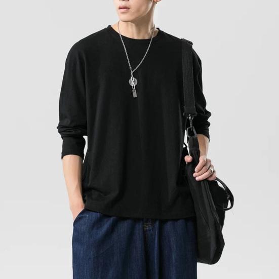 Мужская рубашка с круглым вырезом и длинным рукавом, мягкая дышащая футболка, однотонная, свободный крой, весна-лето, повседневные топы