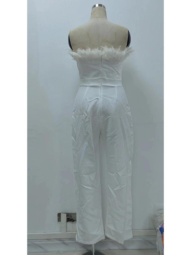 Весна/Лето 2025 Европейский и Американский Женский Комбинезон Бандо с Перьями на Одно Плечо и Открытой Спиной