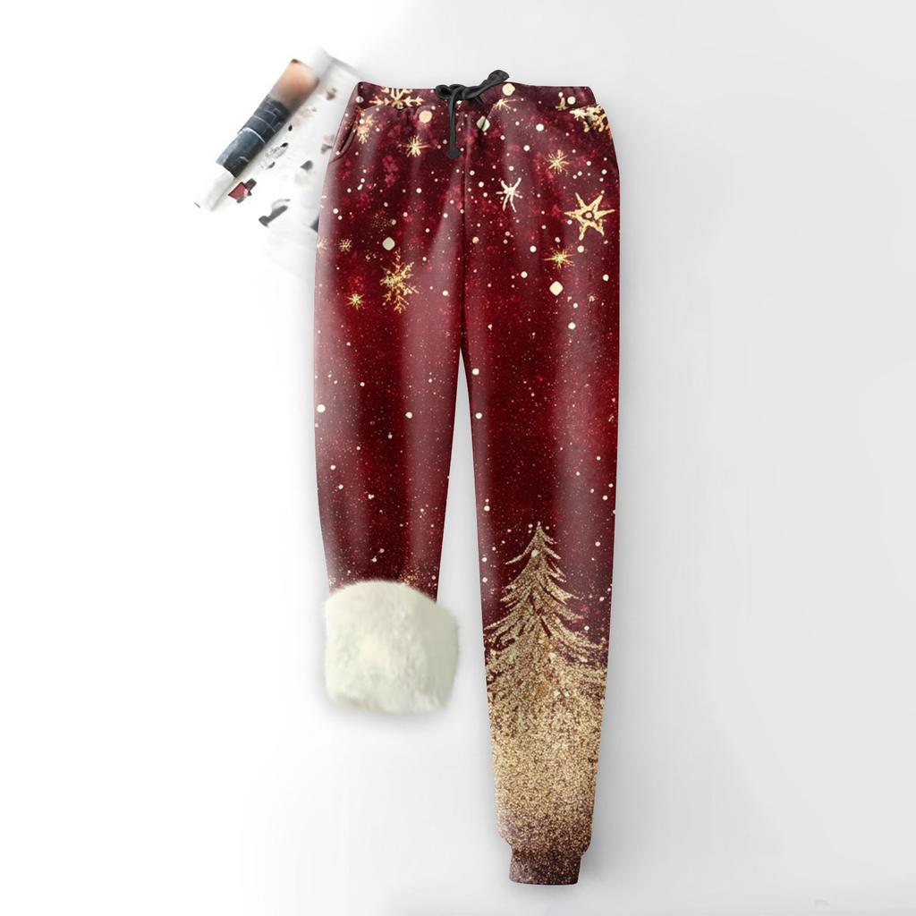 Женские модные рождественские спортивные свободные утолщенные теплые флисовые брюки с принтом