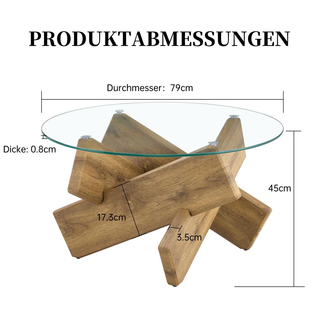 Multi-Color MDF + Glass Round Coffee Table: Creative Cross Wood Frame, Simple and Fashionable. 79cm Diameter, 0.8cm Thick Tempered Glass Surface.
