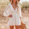 White Lace Tunic Sexy Deep V Neck Button Bikini Cover-ups Women Clothes 2022 Summer Sexy Ruffles Long Sleeves Mini Dress A1132
