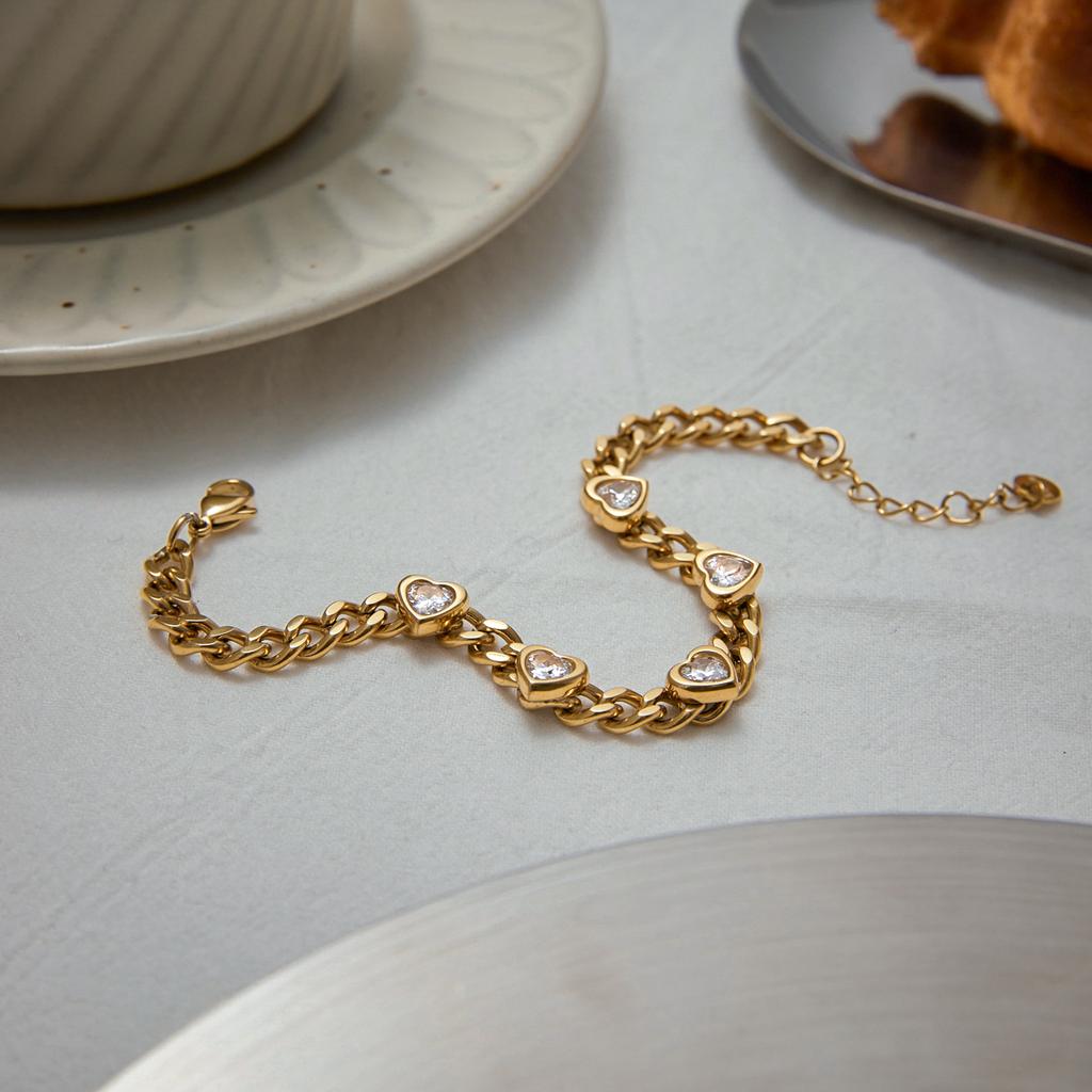 Yori Delicate White Heart Cubic Zirconia Bracelet Golden Stainless Steel Holiday Beach Summer Daily Jewelry New