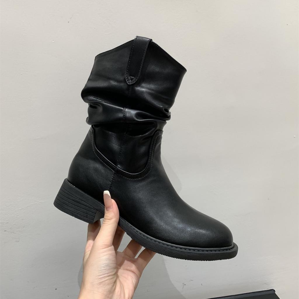 Ботильоны средней высоты с толстой подошвой и V-образным вырезом женская обувь 2025 весна-осень одинарные ботинки западные ковбойские ботильоны на меху ботинки Мартин