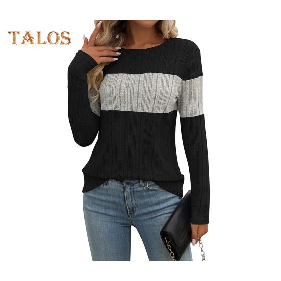 Женские топы с круглым вырезом и длинным рукавом, цветные ребристые трикотажные топы свободного кроя, повседневные свитера, повседневная одежда