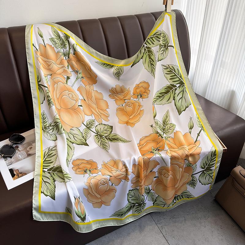 Spring light luxury niche flower print 91 simulated silk square scarf Korean version women's fashionable temperament age-reducing scarf