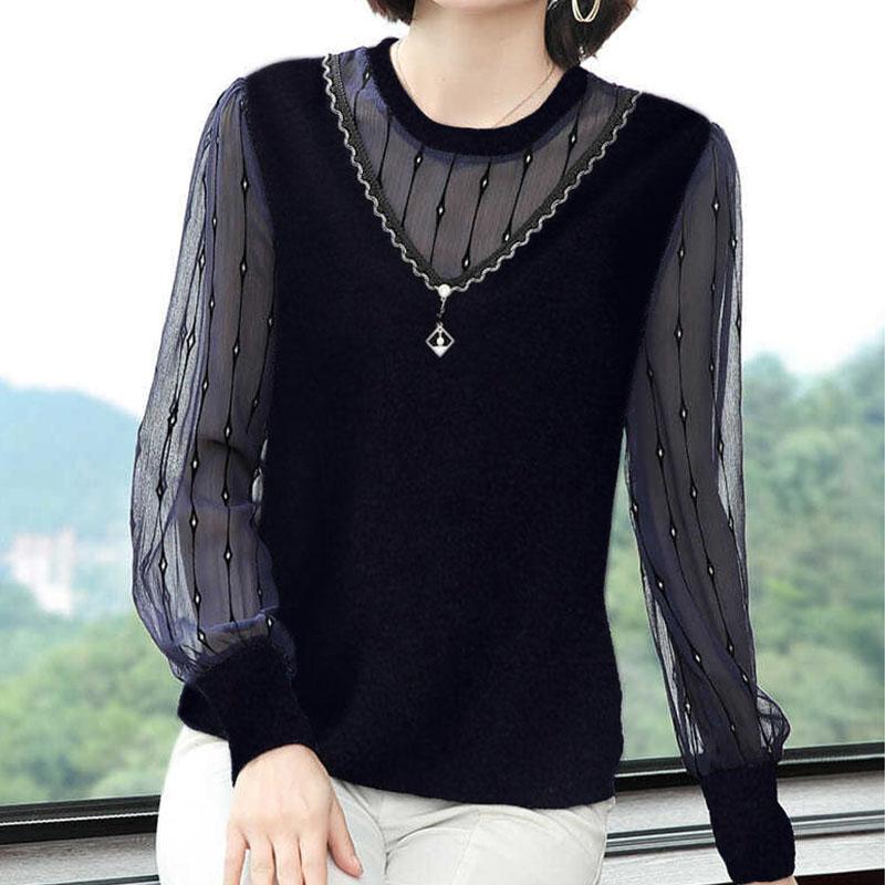Women's Spring and Autumn Four Seasons Models Thin Section Round Neck Solid Colour Long-sleeved Loose Pullover Lace Bottoming Blouse