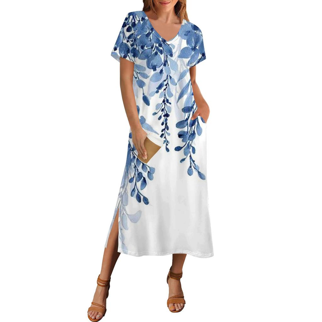 Women's Summer Floral Print Dress Short Sleeve Beach Dress With Pocket Casual V-neck Hem Side Slit Dress