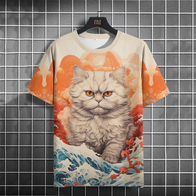 Men T-Shirts Casual Short Sleeve Tops Japanese Style Ukiyoe Graphic Clothing Oversized Summer Apparel Male T-Shirts Cat Pattern