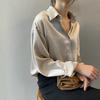 Women Shirt Lapel Long Sleeve Single Breasted Shirt Tops Solid Color Smooth Satin Loose Fit Casual Shirt