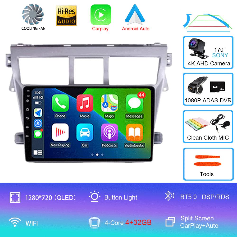 Для Toyota Vios Yaris 2007 2008 - 2012 9-дюймовый автомобильный стерео радио мультимедийный видеоплеер Android 14 Auto Carplay GPS навигация