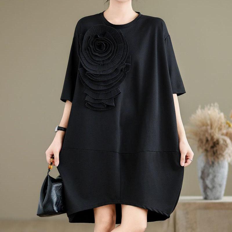 Dimanaf Plus Size Women 2024 New Summer Long Basic Oversize O-Neck Casual Short Sleeve Floral T-Shirt Dress