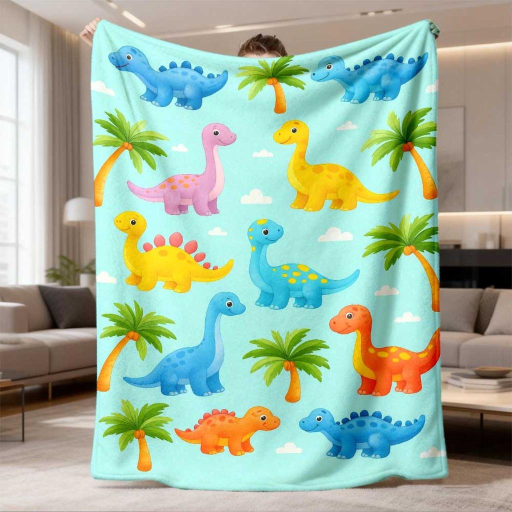 2026 New Flannel Blanket Arrival 1pc Suige Home Comfortable Cartoon Dinosaur Design - Soft & Warm All-Season Throw, Bright Dinosaur & Palm Tree Patter