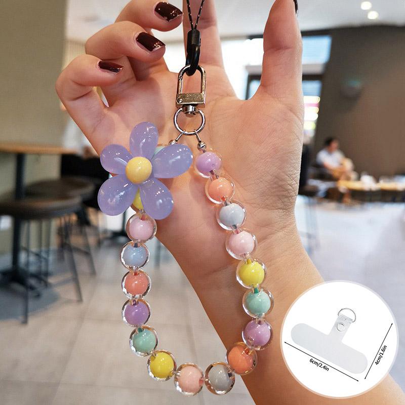 Cell Phone Lanyard Keychain on The Phone Macaron Color Beads Pendant Mobile Phone Rope Flowers Keychains Accessorie