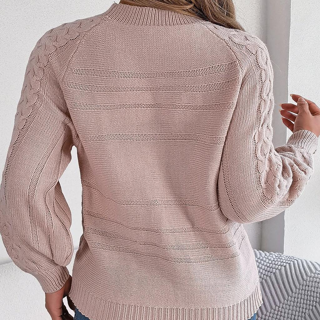 GMXIA Women's Fashion Casual Solid Color Autumn Winter Long Sleeve Round Neck Loose Twist Button Lantern Sleeve Pullover Sweater