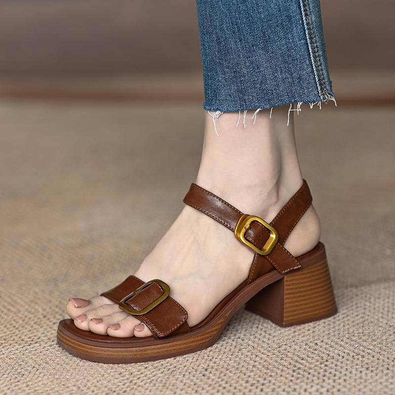 Мистер. M, женские босоножки на высоком каблуке, французская задняя часть, пустой носок, односложная пряжка, толстый каблук, коричневые кожаные босоножки на платформе