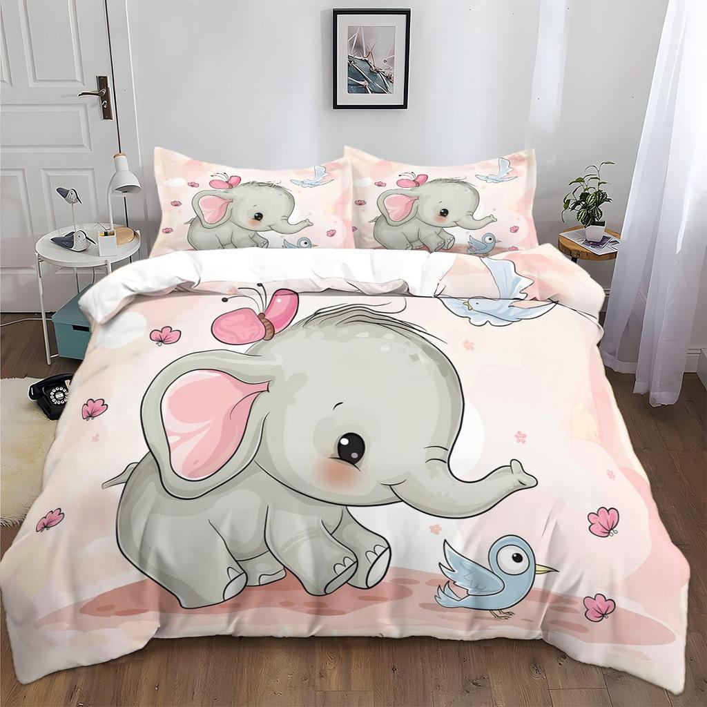 Kawaii Elephant Duvet Cover Set Cute Animals Quilt Cover Twin Queen Soft Microfiber Cartoon Bedding Set For Boys Girls Room Dorm
