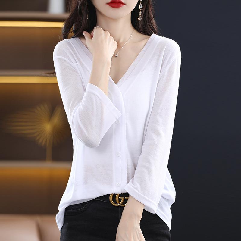 Базовая приталенная рубашка с V-образным вырезом большого размера для женщин с коротким рукавом, универсальный весенне-летний стиль, тонкая имитация вязаного кардигана, куртка свободного кроя