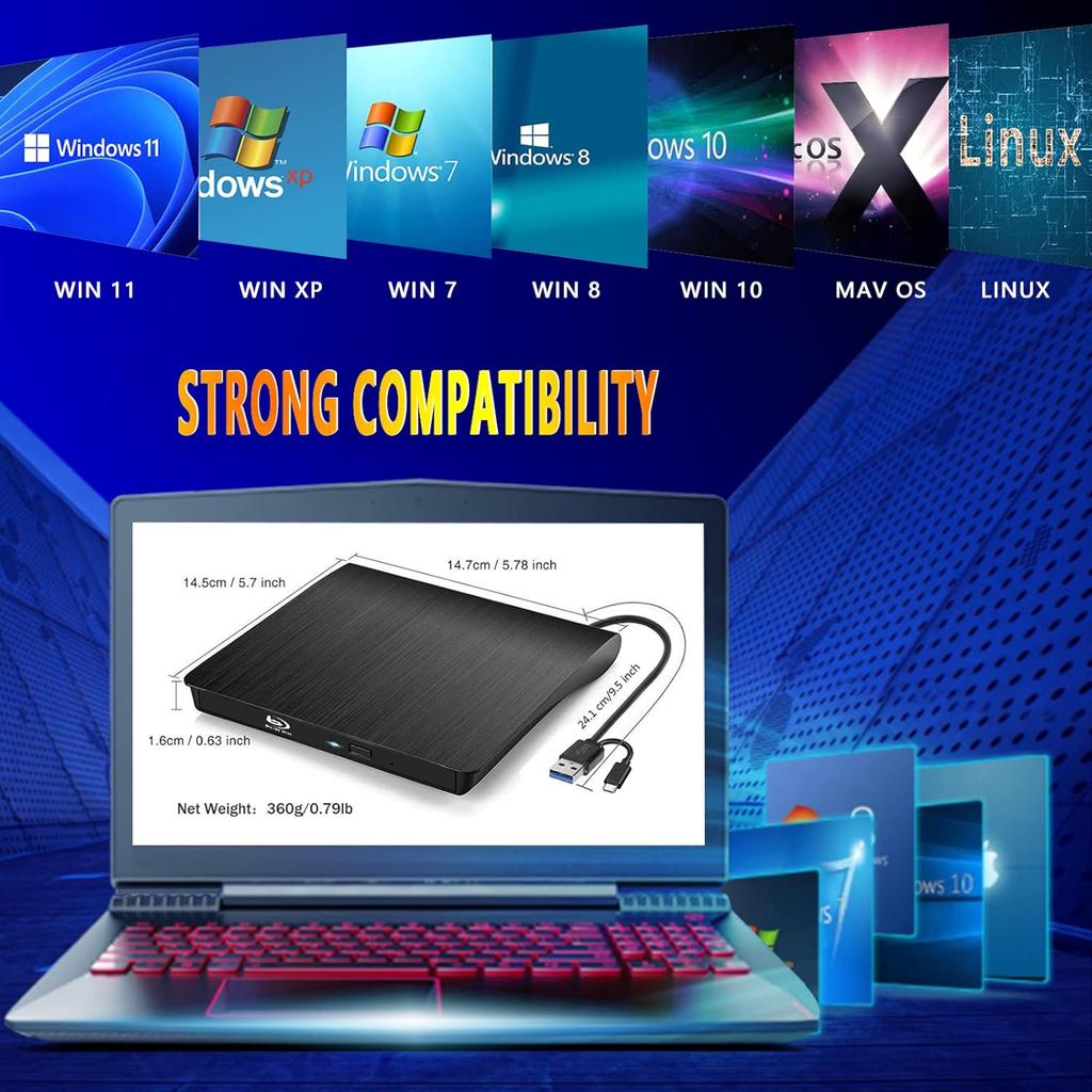 External Blu-ray Drive USB 3.0 Type-C Portable 3D BD-Combo Optical Drives DVD CD Player Burner Writer for PC Laptop Desktop