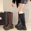 Модные ретро ботинки на толстой подошве 2025 осень и зима женские ботинки толстый каблук высокая высота голенища и стройность удобные рыцарские ботинки
