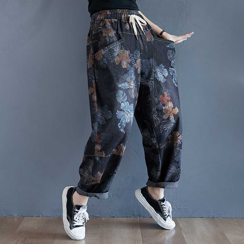 Большие размеры Весна Лето Осень Повседневные свободные джинсы Винтажные цветочные джинсы Женские брюки из денима с высокой талией Шаровары