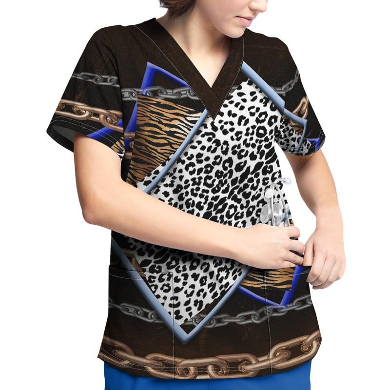 Женские топы с короткими рукавами и V-образным вырезом с мультяшным узором, футболка с рабочей униформой