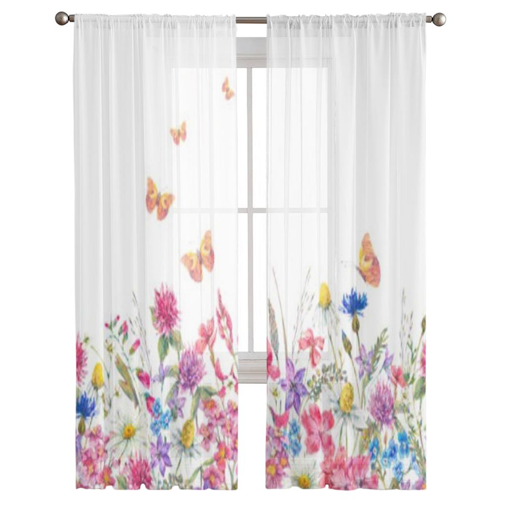 Прозрачная занавеска с бабочками, ромашками и цветами для гостиной, спальни, вуаль, занавески для окон, занавески из органзы, вечерние тюлевые шторы