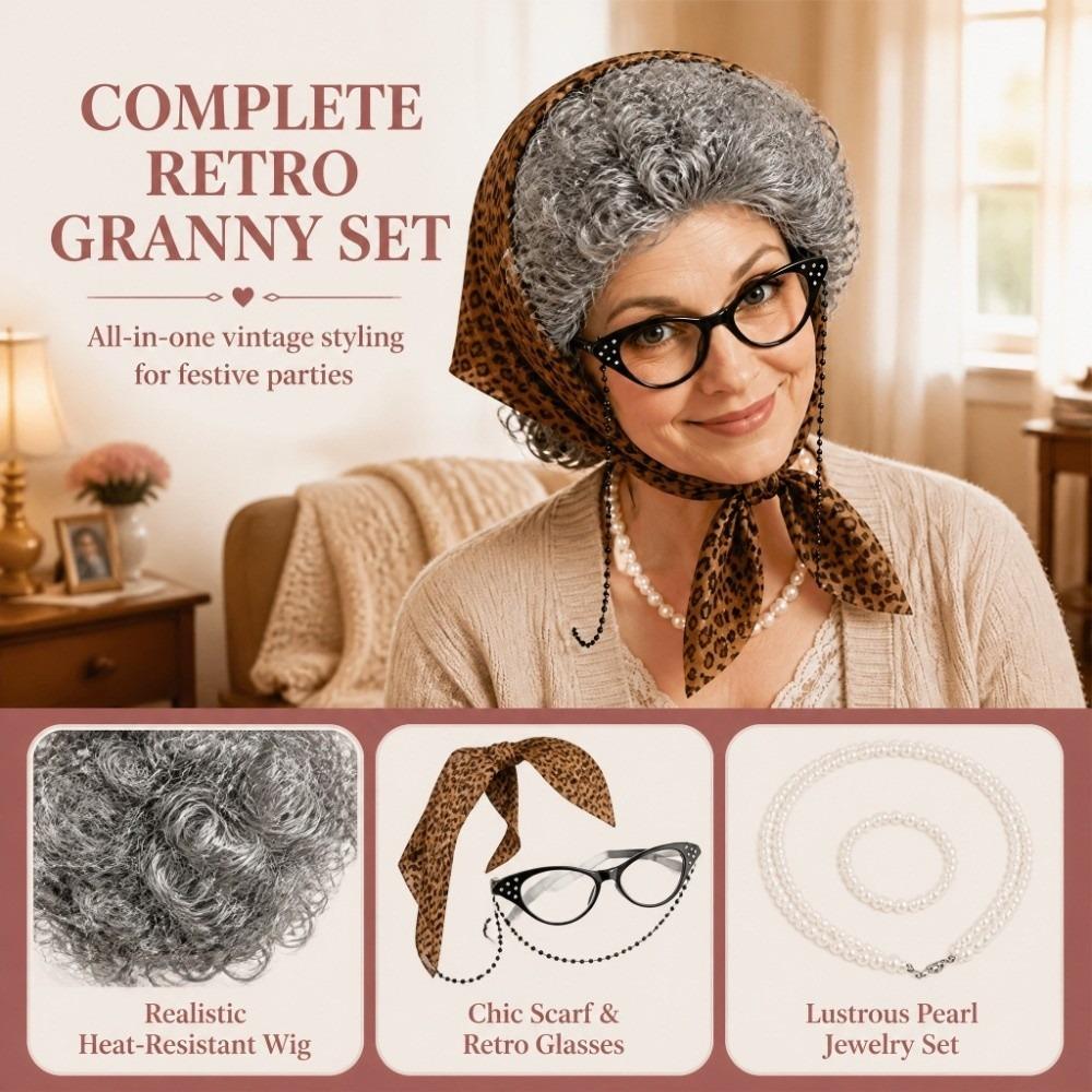 5pcs Pearl Necklace Bracelet Cosplay Grandmother Hairpiece Old Lady Funny Wigs Set Themed Gathering