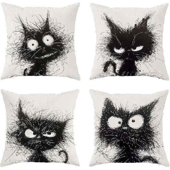 Funny Black Cat Throw Pillow Covers 18x18 Set of 4, Cartoon Gothic Pet Pillow Cases Kit with Zipper, Fun Kids Goth Cat Pillows for Cat Lovers Velvet