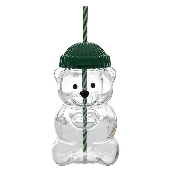 2Pcs Bear Shaped Tumbler with Lid & Straw Cute Leak-Proof Cup for Kids Adults Plastic Cold Drink Cup for Smoothie And Iced Coffee