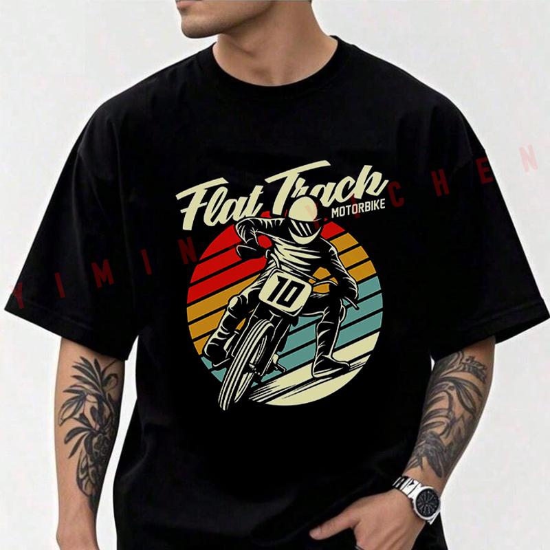 Flat Track - Motorcycle Bike Graphic Men T-shirt High Quality Funny Cotton Casual Cool Short Sleeve Hip Hop Tees
