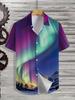 Men'S Short-Sleeve Hawaiian Shirt with an Aurora Pattern, Featuring a Collar, Front Buttons, All-Over Print, And a Loose Fit!