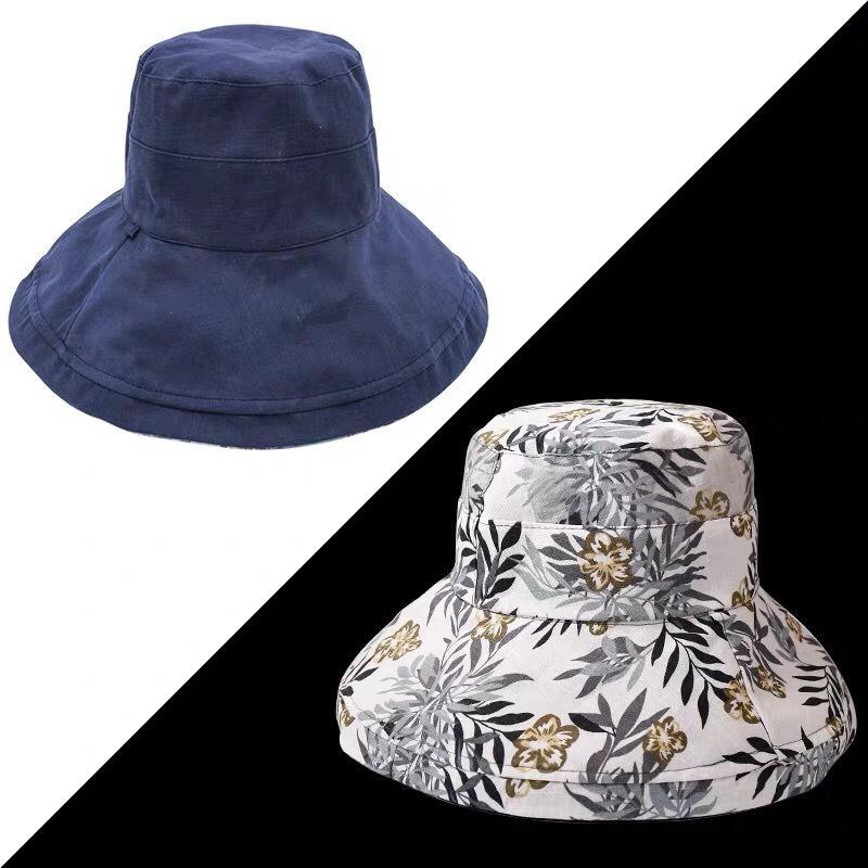 Wide Brim Cotton Summer Hat Women Packable Reversible Floral Bucket Hat UV Sun Protection Wide Brim Summer Beach Cap Double Sided Floppy Sun Hats