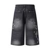 Vintage Plaid Denim Shorts Cartoon Print Wide Leg Distressed Streetwear Casual Pants