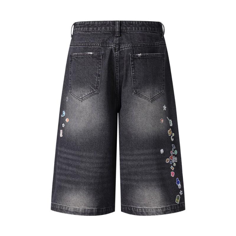Vintage Plaid Denim Shorts Cartoon Print Wide Leg Distressed Streetwear Casual Pants