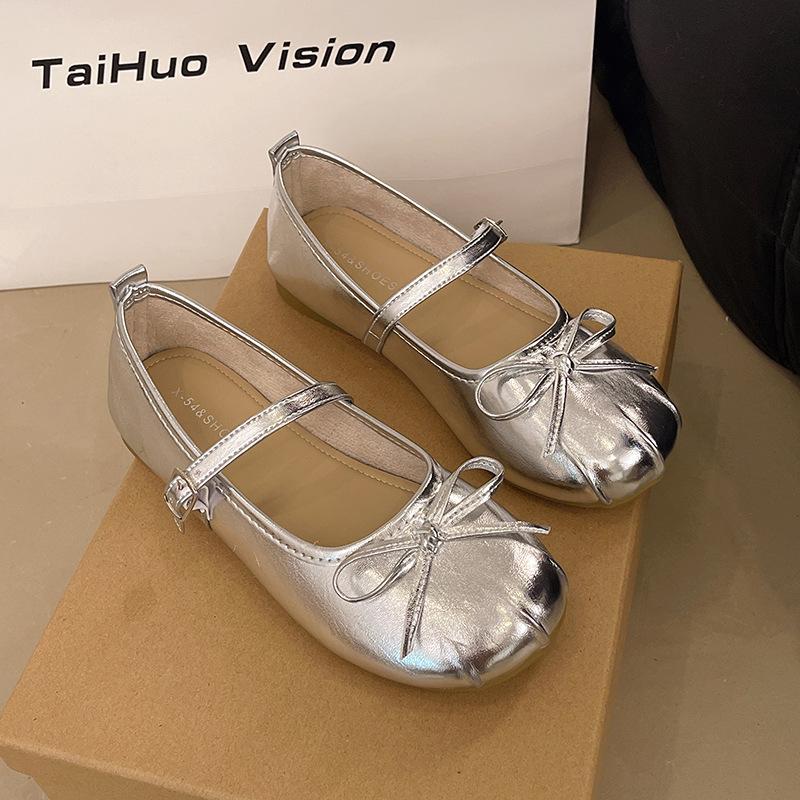 Серебристые балетки на плоской подошве, женские, новые, с темпераментным бантом и надписью, туфли Мэри Джейн