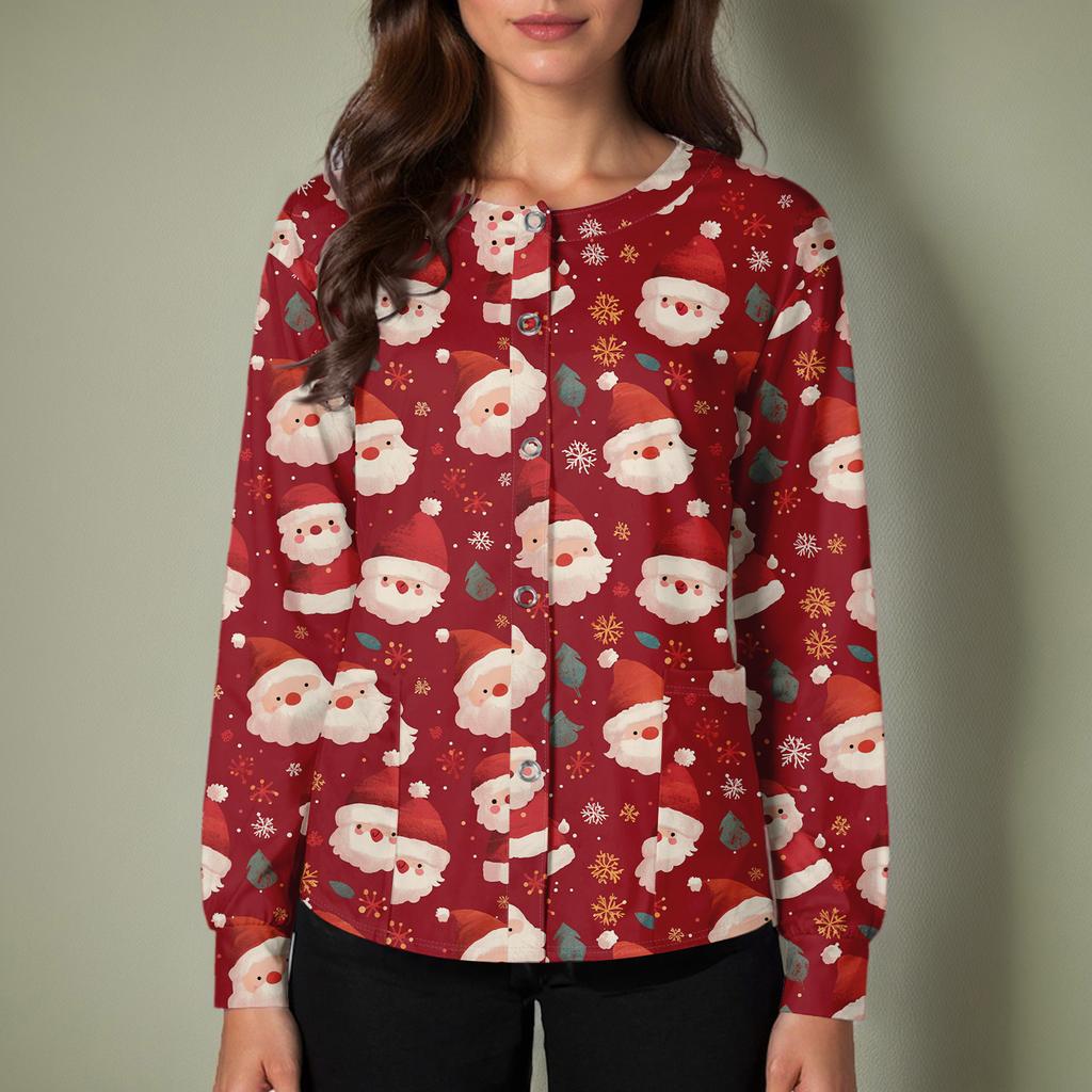 Женский повседневный однобортный однобортный защитная одежда с рождественским принтом и длинными рукавами, кардиган, топ
