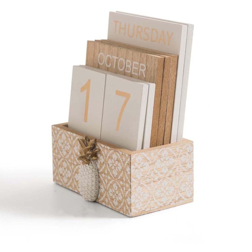 Pineapple Desk Calendar Ornament Cactus Date Display Ornament Wooden Perpetual Calendar Office