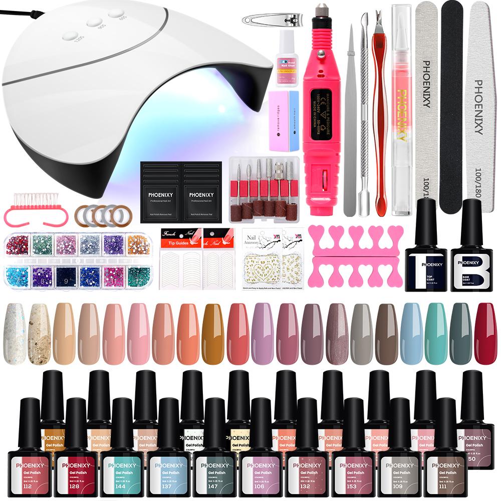 Набор гель-лаков для ногтей PHOENIXY, 20 цветов, лак для ногтей с лампой 36 Вт, набор аксессуаров для маникюра, базовое верхнее покрытие, набор для маникюрного салона