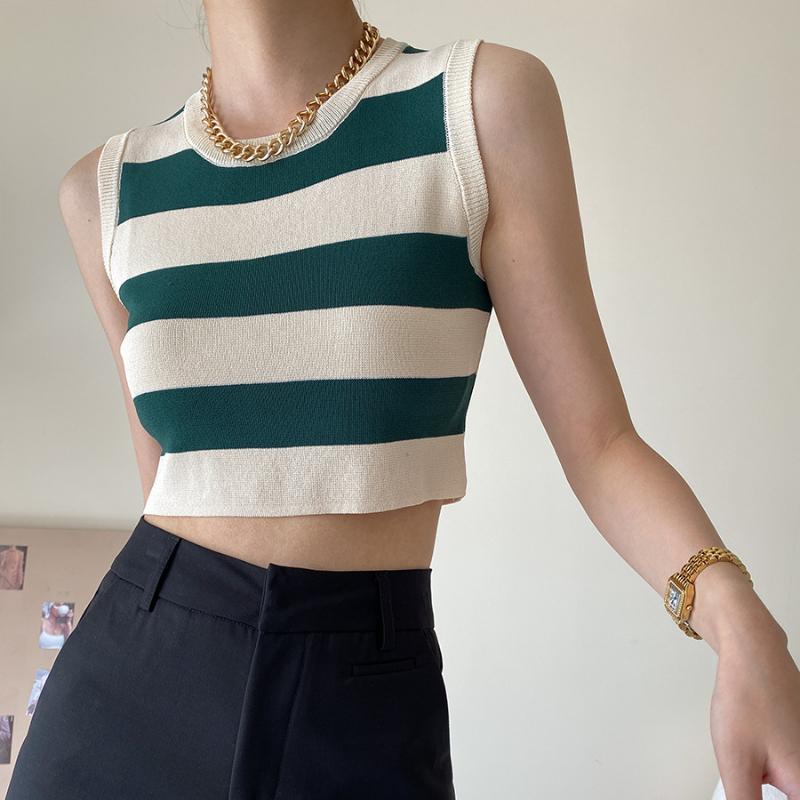Сексуальная женская майка в рубчик, летние укороченные топы без рукавов в полоску с круглым вырезом, уличная винтажная корейская модная рубашка, жилет, одежда Y2K