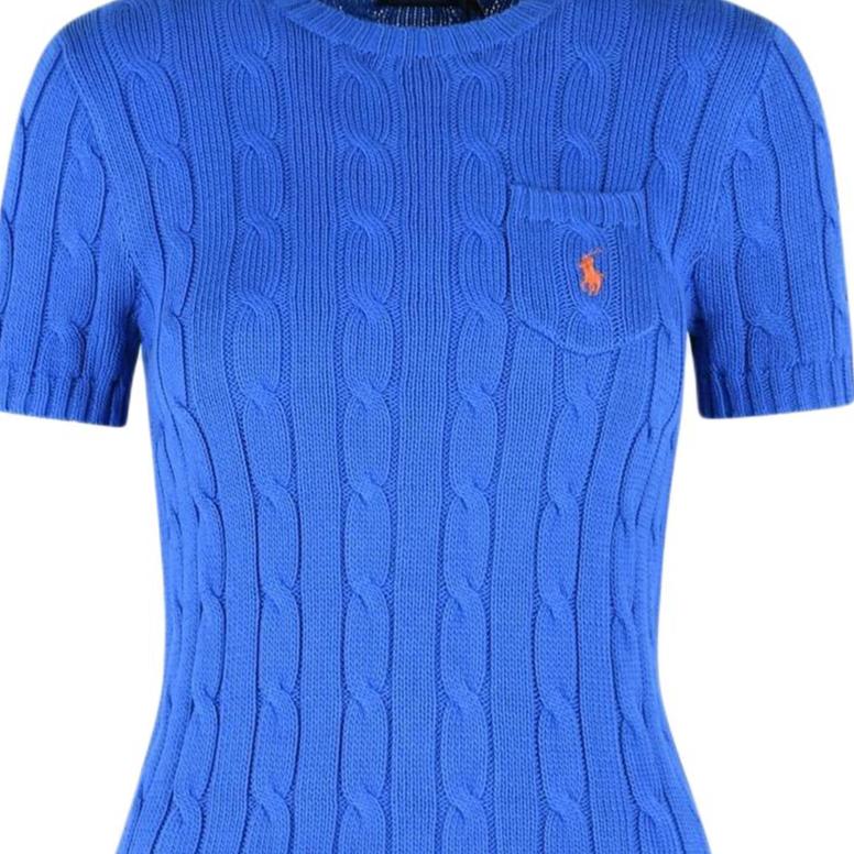 Polo Ralph Lauren Однотонный вязаный топ с коротким рукавом и вышивкой пони Стандартный крой Женские топы 211971873-500