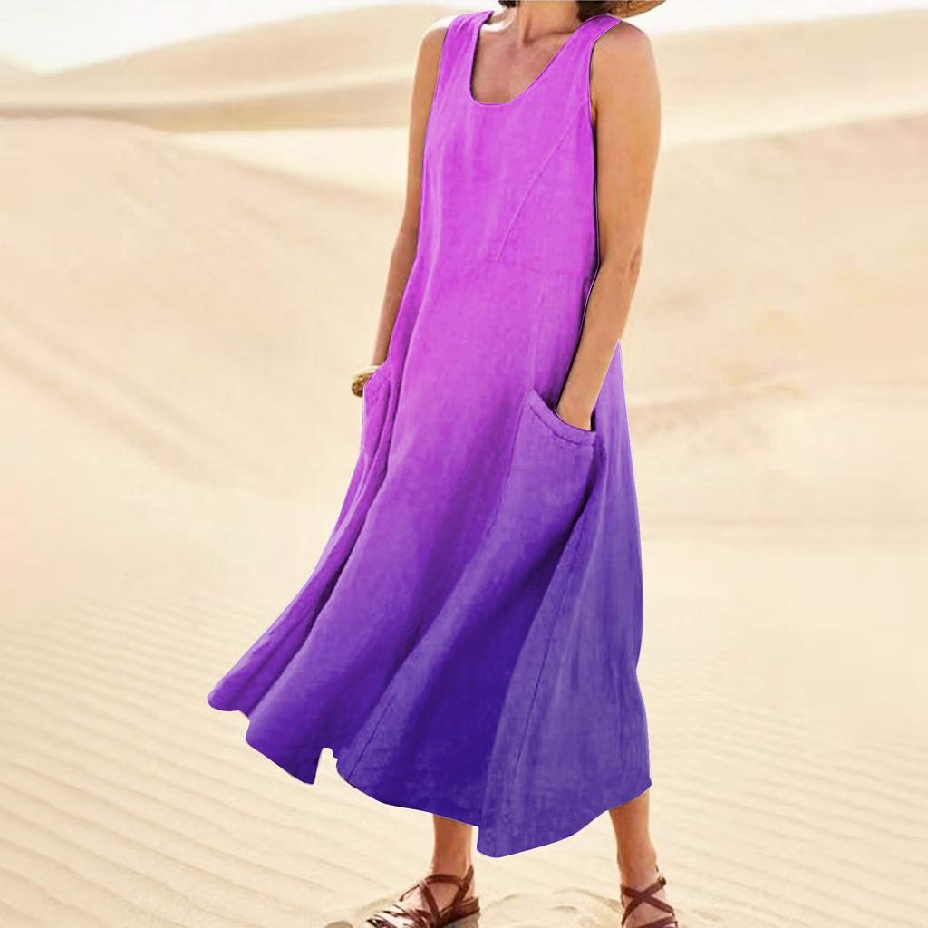 Женское повседневное удобное хлопковое карманное платье без рукавов с градиентным принтом