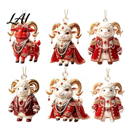 Christmas Party Supplies 2027 New Year Sheep Ornament 2D Acrylic Tree Pendant Xmas Hanging Pendants with String Chinese Zodiac Goat Decor,