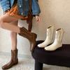 Vintage Embroidery Women Western Cowgirl Boots Fashion Elegant Slip On Shoes Square Heels Ladies Knight Mid Calf Booties